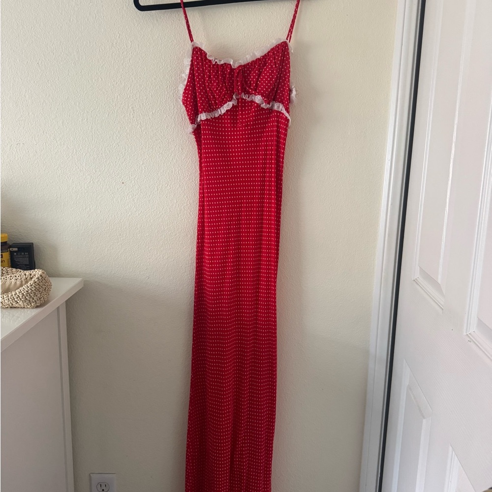 Red Polka Dot Maxi Slip Dress with White Lace Trim
